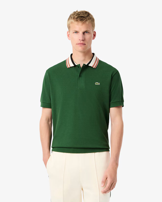 LACOSTE - Polo con cuello de rayas de corte clásico verde